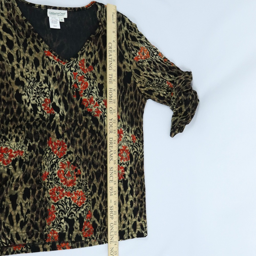 Coldwater Creek Leopard Black Red BrownFloral Top 3/4 Sleeve Size M Boho Chic - Picture 6 of 6